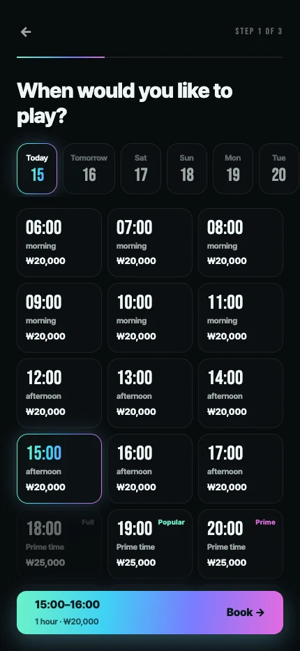 Product booking screen for selecting a date and session time