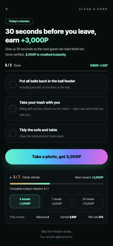 Screen for uploading a tidy-up photo and checking reward points