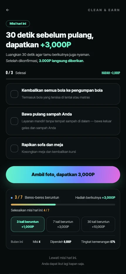Layar unggah foto beres-beres dan pemeriksaan poin hadiah