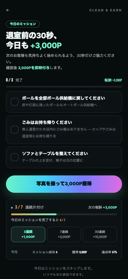 利用後に片付け写真を登録してポイントを確認する画面