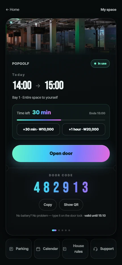 Mobile key screen with an entry QR code, access code and session extension