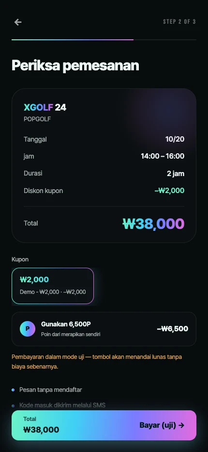 Layar pembayaran dengan detail sesi dan total