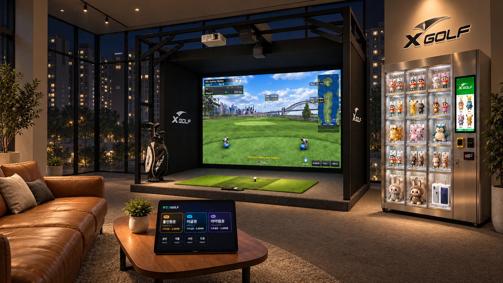 X-PRIZE 포함 무인 시스템: 야간의 XGOLF 부스와 천장형 BLACK 장비, 테이블오더, X-PRIZE 경품 락커를 함께 배치한 공간 구성 시안