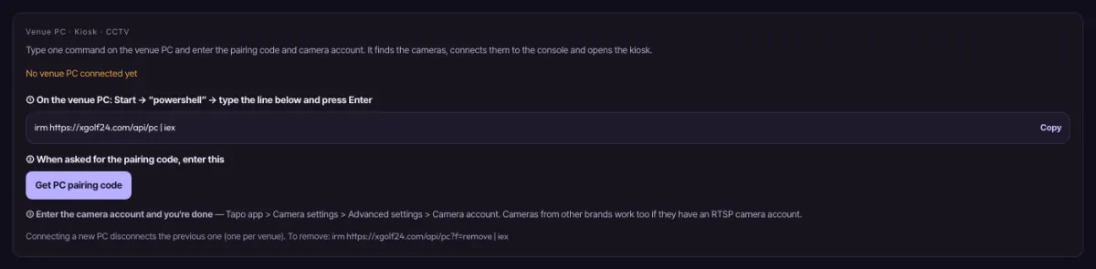 Connect the venue PC — one command — 1