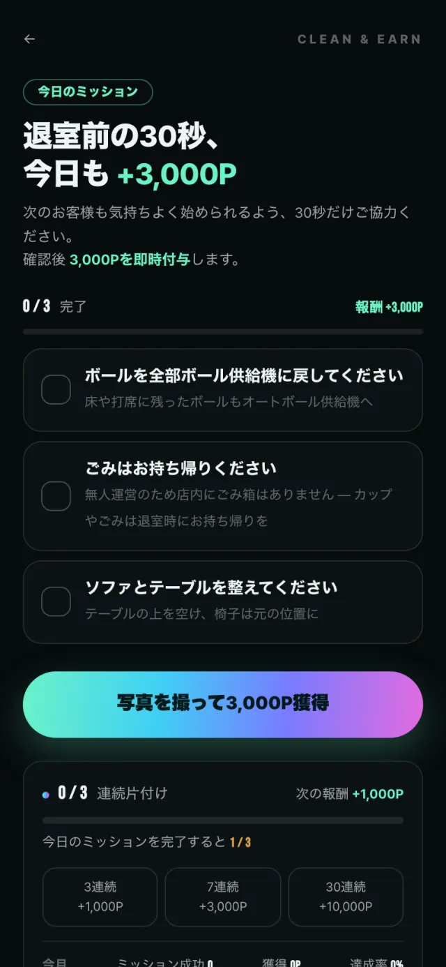 延長 · セルフ片付け · 退場 — 3