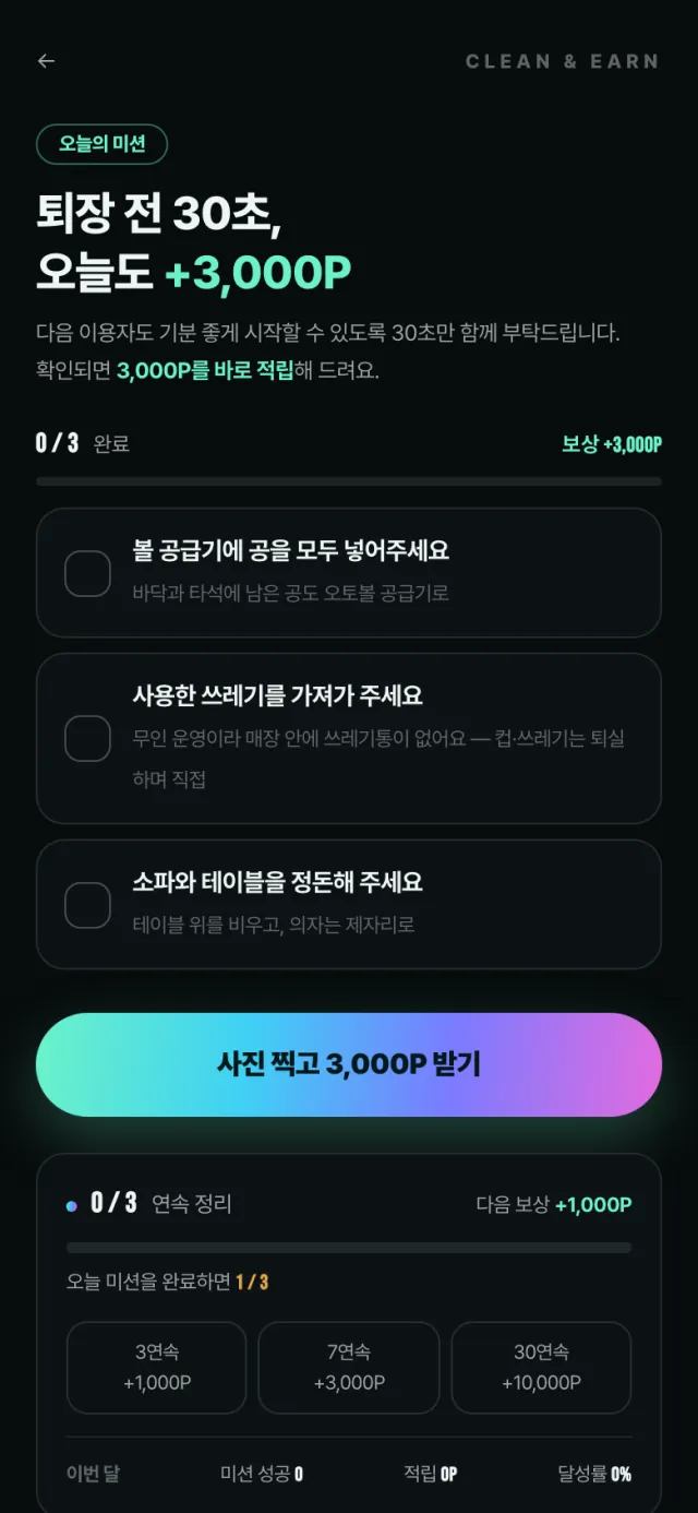 연장 · 셀프 정리 · 퇴장 — 3