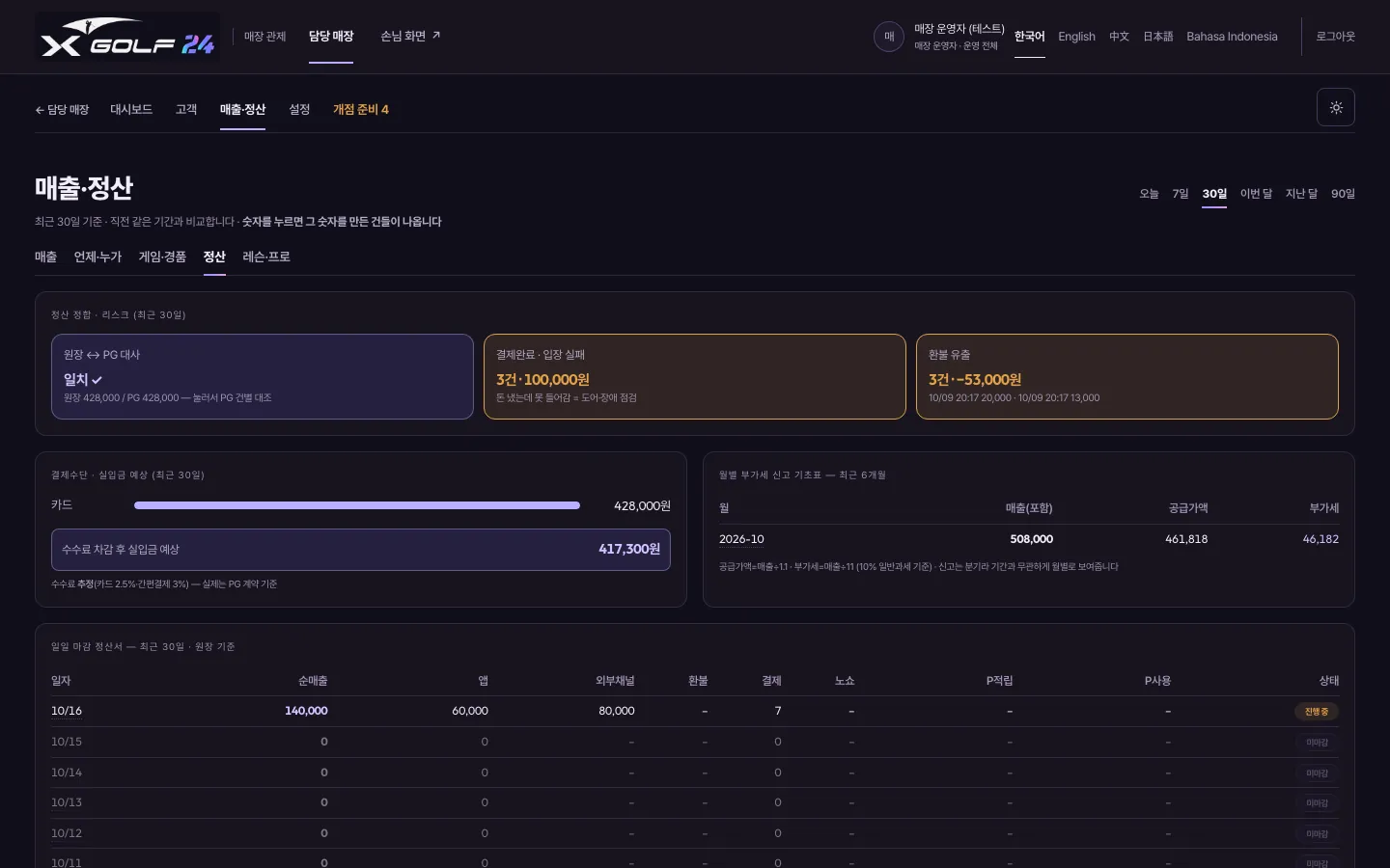 매출 · 정산 · 일일 마감 — 2